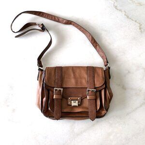 Le Chateau tan brown satchel crossbody bag / purse with buckles, messenger style